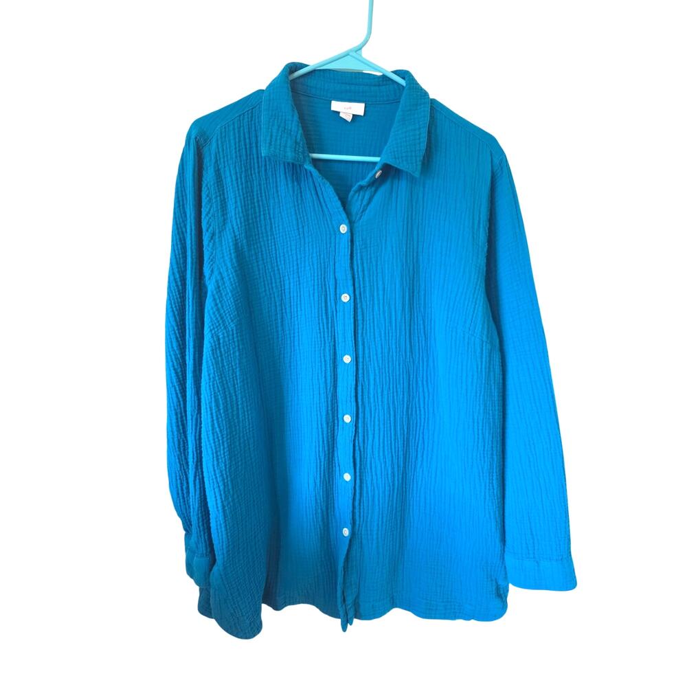 J Jill Womens Button Front Cotton Gauze Tunic Size Large Teal Blue